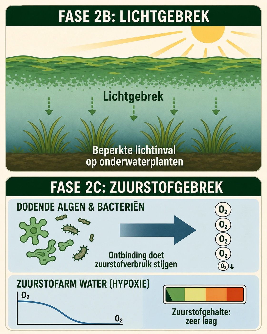 Lichtgebrek en zuurstofgebrek in oppervlaktewater